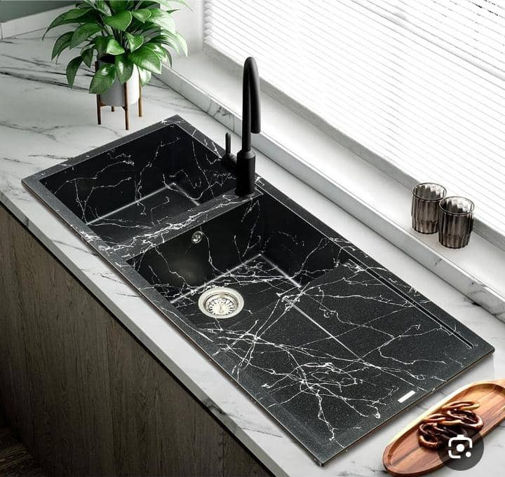 سینک گرانیتی لوتوس مدل مشکی مرمری سایز 115×50 دو لگنه توکار همراه با سیفون درجه یک